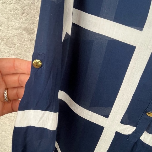 CYNTHIA ROWLEY Nautical Sheer Blouse Popover Navy Blue Window Pane Print Medium - Picture 10 of 16